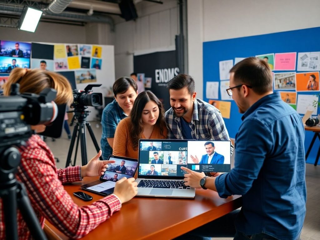 Echipă creativă lucrând la o reclamă video atractivă.