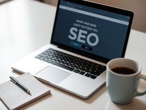 HomePage 10 Laptop și notepad pe birou, simbolizând SEO.