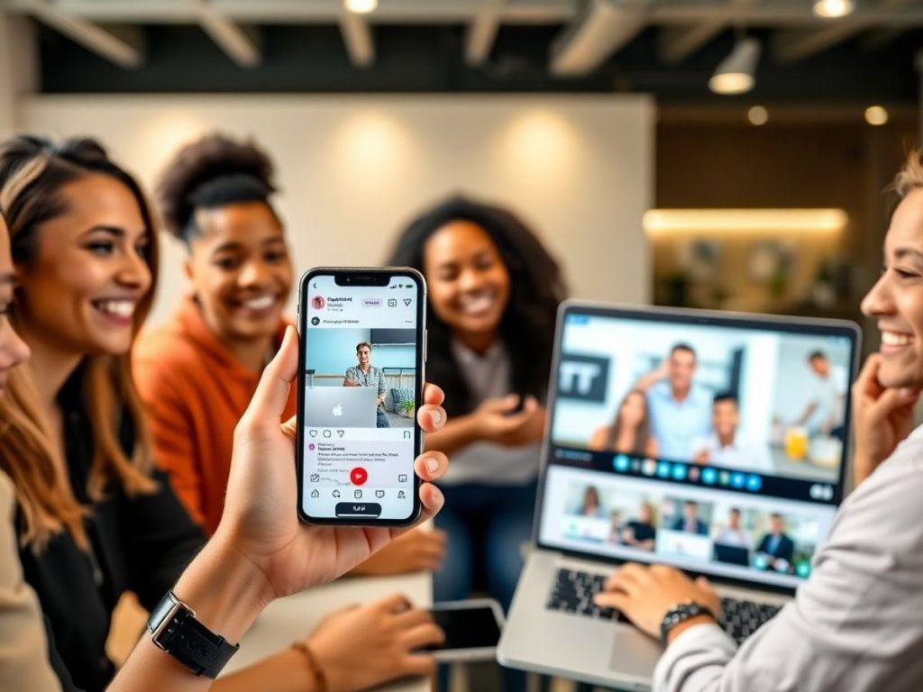 Colaborare influencer marketing, mână, telefon, laptop, zâmbete.