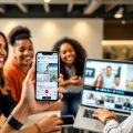 Colaborare influencer marketing, mână, telefon, laptop, zâmbete.