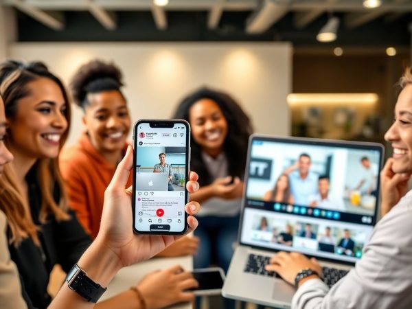 Colaborare influencer marketing, mână, telefon, laptop, zâmbete.