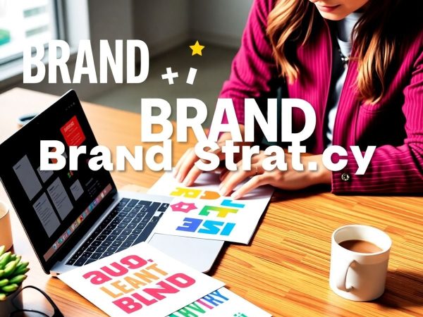 Persoană lucrând la strategia de brand cu materiale colorate.