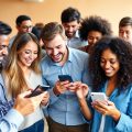 Grup divers de oameni folosind smartphone-uri pentru socializare.